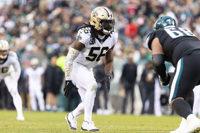 New Orleans Saints linebacker Demario Davis (56) in action against the Philadelphia Eagles. Mandatory Credit: Bill Streicher-USA TODAY Sports